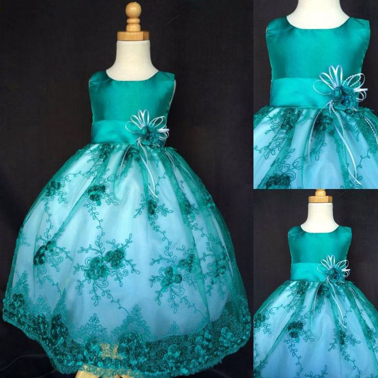 Decorated with a matching removable flower. Skirt has three lovely layers. The first layer is an organza skirt with gorgeous 3D Satin Flowers and embroidered detail. This Lovely Dress is suitable for so many occasions! | eBay! Teal Flower Girl Dresses, Teal Bridesmaid Dresses, Christmas Pageant, Flower Girl Wedding, Floral Embroidery Dress, Organza Skirt, Toddler Easter, Princess Dresses, Easter Holiday