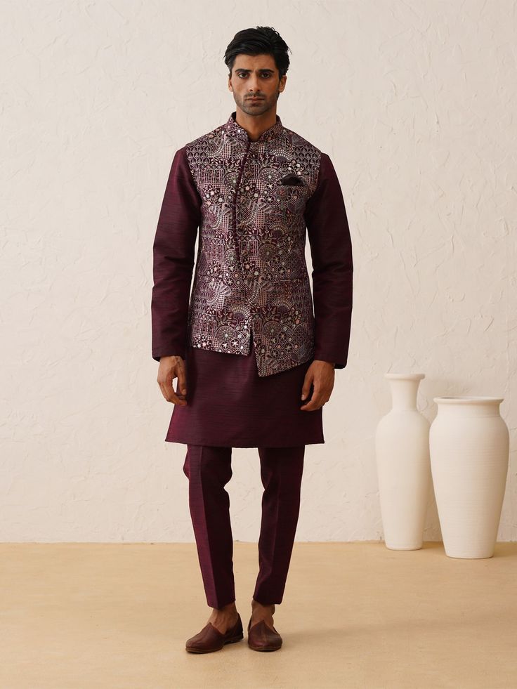 Exclusively crafted Wine color nehru jacket with Kurta Pajama for your special occasions to make heads turn at you.This nehru jacket is made from silk fabric which is one of the softest and most luxurious fabric and addorned with the beautifully designed kashida thread emroidery all over, Nehru jacket,nehru jacket for mens,nehru jacket wedding,nehru jacket suit,designer nehru jacket,wedding nehru jacket COST INCLUDES NEHRU JACKET & KURTA PAJAMA Luxury Single-breasted Nehru Jacket, Nehru Jacket With Chikankari Embroidery In Chanderi Fabric, Festive Designer Nehru Jacket With Stand Collar, Designer Kurta With Resham Embroidery And Stand Collar, Stand Collar Kurta With Resham Embroidery, Designer Resham Embroidery Kurta With Stand Collar, Ceremonial Chanderi Bandhgala With Long Sleeves, Fitted Long Sleeve Chanderi Bandhgala, Festive Stand Collar Kurta With Intricate Embroidery