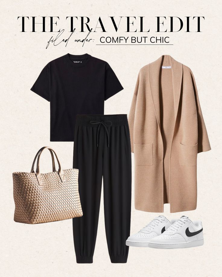 Kim Kardashian Travel Outfits, Family Travel Outfit, Comfy Chic Travel Outfit, Sneaker Travel Outfit, Stylish And Comfortable Travel Outfits, Comfy Flight Outfit Summer, Black Jogger Travel Outfit, Cute Comfortable Travel Outfits, Work Outfit With Joggers