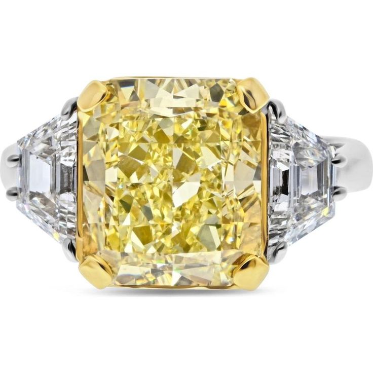 7.05 Carat Radiant Cut Fancy Yellow Diamond Engagement Ring Radiant Cut Rings, Yellow Diamonds Engagement, Yellow Diamond Engagement Ring, Three Stone Diamond Rings Engagement, Yellow Diamonds, Three Stone Engagement Ring, Fancy Yellow Diamond, Diamond Birthstone, Three Stone Diamond