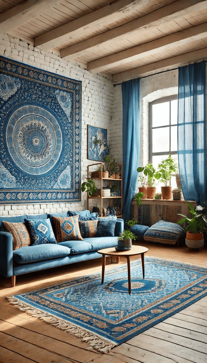 a living room filled with blue furniture and rugs on top of a wooden floor