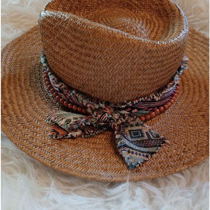 New No Tag Boho Bandana And Bead Adorned Comes 57cm Adjust Within Casual One-size Straw Hat For Festivals, Casual One Size Straw Hat For Festivals, Bohemian Spring Straw Hat, Bohemian Beach Fedora In One Size, Bohemian Beach Fedora, One Size, Brown Straw Hat One Size Fits Most, Bohemian Straw Hat For The Beach, Bohemian Straw Hat For Beach, Brown Woven Sun Hat For Festival