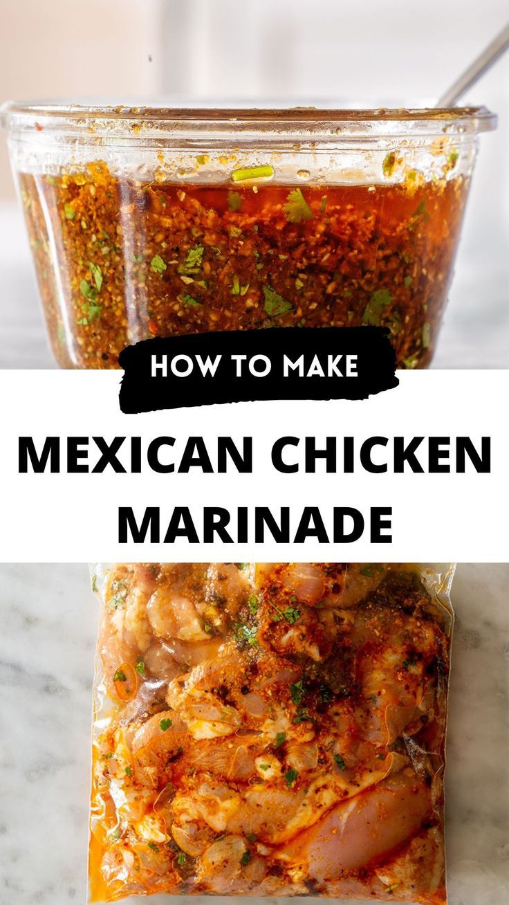 Collage with two photos of Mexican chicken marinade and with text overlay. Mexican Chicken Marinade, Chicken Marinade Recipes, Chicken Marinade, Mexican Chicken, Marinade Recipes, Chicken Marinades, Chicken Dishes Recipes, Mexican Food Recipes Authentic, Homemade Sauce