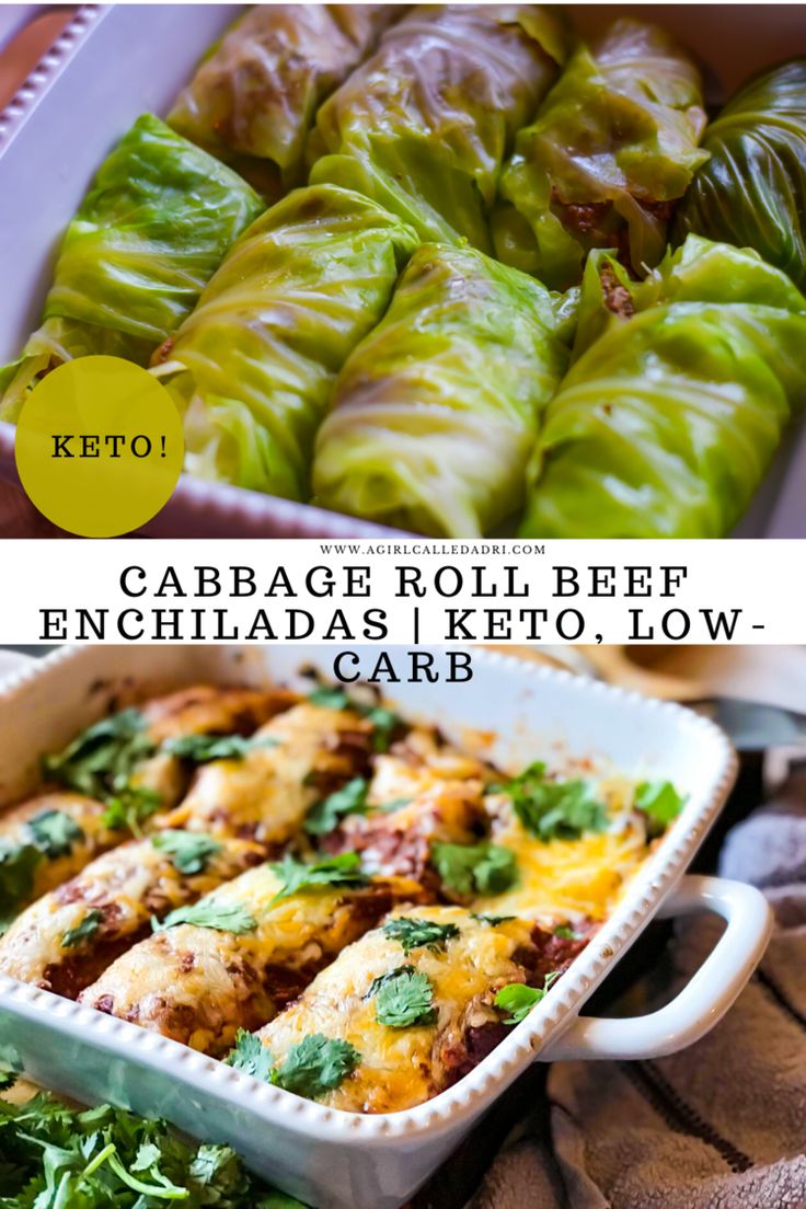 cabbage roll beef enchiladas / keto low carb recipe in a casserole dish