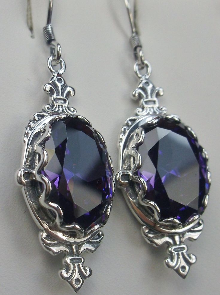 Purple Amethyst  Cubic Zirconia (CZ) Earrings Sterling Silver Filigree, Edwardian Jewelry, Pin Design#E18 with traditional Ear Wire Closures Ornate Purple Jewelry With Matching Earrings, Ornate Purple Drop Earrings, Ornate Purple Dangle Jewelry, Ornate Purple Sterling Silver Earrings, Silver Oval Faceted Earrings, Silver Faceted Oval Earrings, Elegant Purple Cubic Zirconia Crystal Earrings, Silver Crystal Earrings With Jewels As Gift, Purple Amethyst Jewelry For Pierced Ears