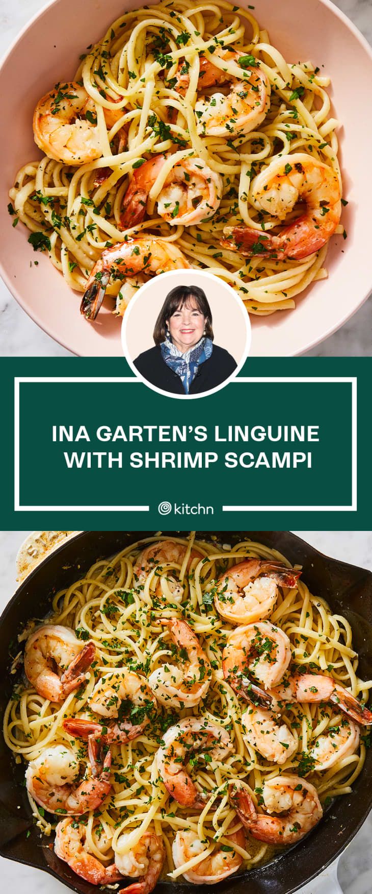 shrimp linguine with shrimp scampi in a skillet and the title overlay reads ina garten's linguine with shrimp scampi