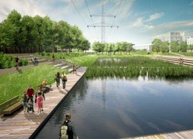 an artist's rendering of people walking on a boardwalk next to a body of water