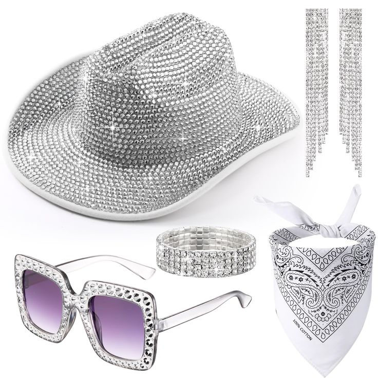 PRICES MAY VARY. Complete Accessory Set: the set includes not just 1, but 5 pieces, 1 piece of cowgirl hat, 1 pair of sunglasses, 1 piece of bling bracelet, 1 piece of bandana, and 1 pair of tassel earrings; This comprehensive accessory set provides the finishing touches to a cowgirl costume, saving the customer the stress of hunting down the individual components from different vendors Eye Catching Design: the bling hat is designed to grab attention, the rhinestones add a splash of shining, the Rhinestone Cowgirl Costume, Rhinestone Cowgirl Hat, Bling Hat, Rhinestone Cowgirl, Cowgirl Accessories, Women Cosplay, Rhinestone Sunglasses, Cowgirl Costume, Cowgirl Hat