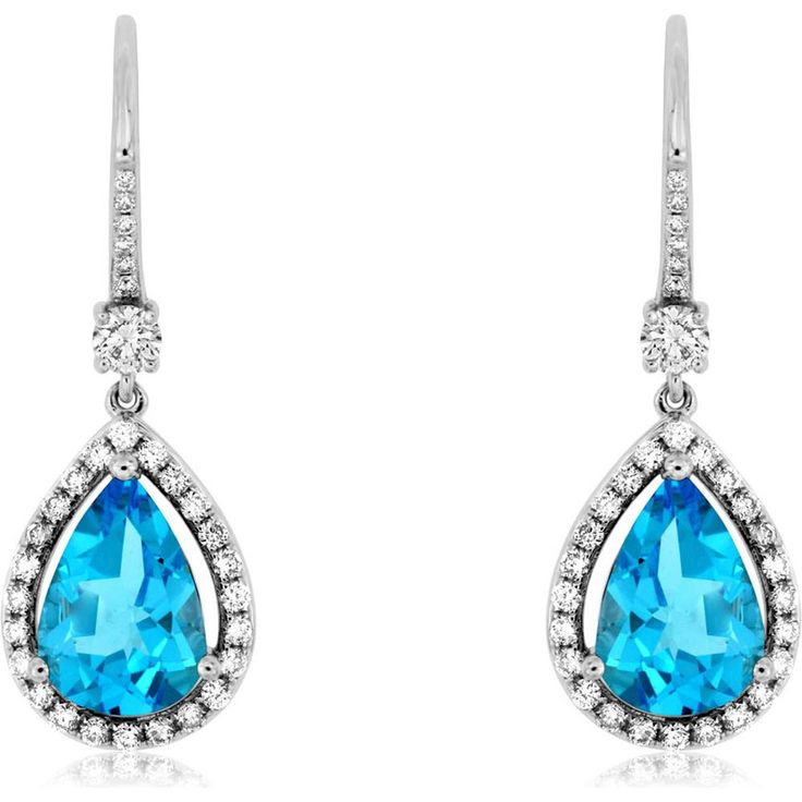 Royal 14K White Gold Blue Topaz & Diamond Earrings - 4.40 Carat Blue Topaz, 0.66 Carat Diamonds Formal Blue Topaz Diamond Earrings Fine Jewelry, Formal Blue Topaz Earrings With Brilliant Cut, Formal Blue Topaz Diamond Earrings, Blue Teardrop Diamond Earrings For Anniversary, Blue Halo Setting Earrings For Formal Occasions, Blue Halo Setting Earrings For Formal Events, Formal Blue Pear-shaped Diamond Earrings, Formal Blue Halo Setting Earrings, Blue Topaz Teardrop Earrings For Wedding