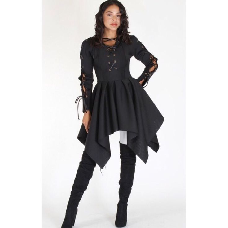 Black Asymmetrical Long Sleeve Dress/Top. Detailed Neckline Back Zipper Asymmetrical Hem Black Color Small (2/4) Medium (6/8) Large (10/12) Measurements Small: Bust : 16 Across ( Stretchy) Hips : Flair Medium Bust : 17 Across ( Stretchy) Hips : ( Free) Large Bust Is 18 Across Black Fitted Asymmetrical Dress For Spring, Fitted Asymmetrical High-low Hem Evening Dress, Evening Midi Dress With Asymmetrical Hem For Fall, Black Asymmetrical Hem Midi Dress For Fall, Black Asymmetrical Hem Dress For Winter, Asymmetrical Fitted Dress For Fall, Black Dress With Asymmetrical Hem For Winter, Fitted Black Dress With Asymmetrical Hem, Black Fitted Dress With Asymmetrical Hem