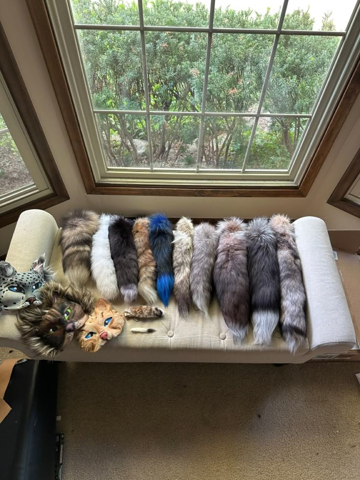 several furs are lined up on a bench in front of a window