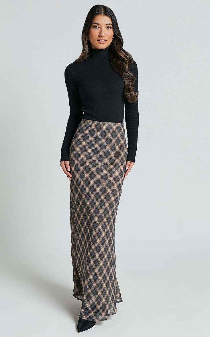 Mandy Maxi Skirt - High Waist Slip Skirt in Multi Check Chic Long Plaid Skirt, Chic Relaxed Plaid Skirt, Chic Plaid Skirt, Chic Plaid Relaxed Skirt, Plaid Pencil Skirt For Spring, Plaid Pencil Skirt For Spring Season, Chic Plaid Midi Skirt, Plaid Midi Skirt With Lined Detail, Plaid Midi Skirt With Lining