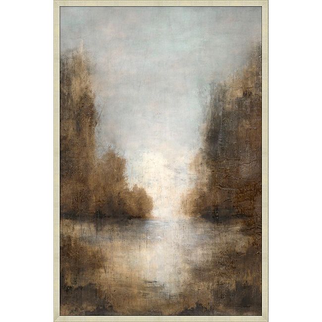 a painting with water and trees in the background