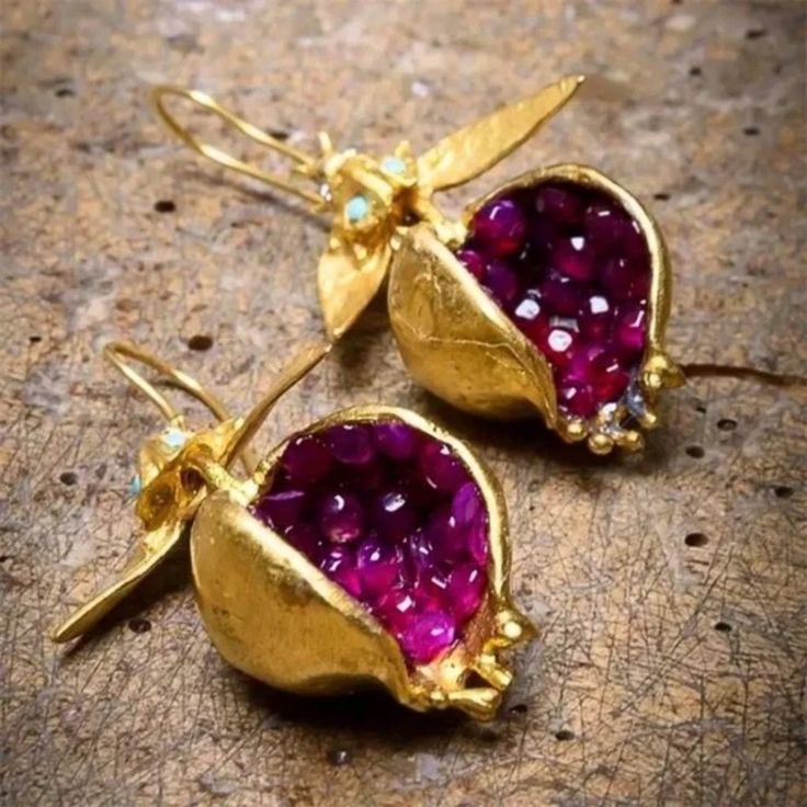 New Pomegranate Fruit Earrings! Beautiful Violet-Pink Jewels Compose Each Pomegranate Seed, Enclosed By A Golden Peel & Leaves With Turquoise Accents. One-Of-A-Kind Unique Earrings, Perfect As A Gift Or For Yourself! Originally $78- Offer Me! 925 Sterling Silver, Gold-Plated New No Tag Check Out My Jewelry & Bundle To Save! Anthropologie, Zara, Free People, J.Crew, Bridesmaid, Wedding, Retro, Vintage, Brandy Melville, Lulu's, Sorority, Adventure, Exploring, Baby Shower, Coachella, Christmas, Tha Pomegranate Earrings, Pomegranate Jewelry, Pomegranate Design, Fruit Earrings, Turkish Jewelry, Maximalism, Hook Earrings, Jewelry Party, Unique Earrings