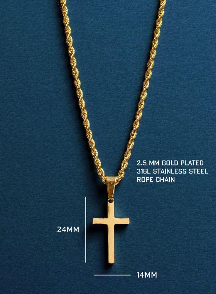 Men's Necklace - Medium Gold Cross Pendant for Men - Gold Plated 316L Stainless Steel Rope chain - Catholic Cross - Christmas gifts for him Cross: 25 x 14mm Material: 14k gold plating over 316L Stainless Steel Chain: Choose length from dropdown menu. Available in 18, 20, 22, 24 and 26 inches. 2.5mm wide Clasp: Lobster. Ships from San Francisco You can check the rest of our designs in our main shop page and don't forget to connect with us :) weareallsmith.etsy.com or on Instagram: http://instagra Gold Cross Necklace Mens Jewelry1000.com, Men’s Gold Cross Necklace, Gold Cross Pendant For Men, Gold Cross Necklace Mens, Gold Necklace Men, Cross Pendant For Men, Cross Pendant Necklace Men, Classy Jewellery, Men's Necklace Gold