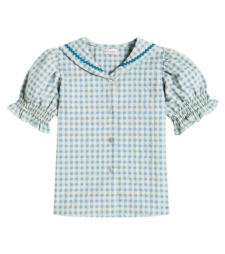 Georgina gingham cotton-blend shirt in green - La Coqueta | Mytheresa Spring Yarn-dyed Button-up Tops, Plaid Button-up Tops, Summer Collared Yarn-dyed Top, Collared Yarn-dyed Top For Summer, Plaid Cotton Shirt With Button Closure, Yarn-dyed Collared Top For Summer, Plaid Tops With Button Closure For Summer, Cotton Top With Spread Collar For Fall, Summer Plaid Tops With Buttons