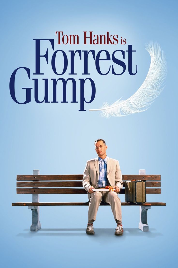 a man sitting on top of a bench in front of a blue background with the words forrest gump