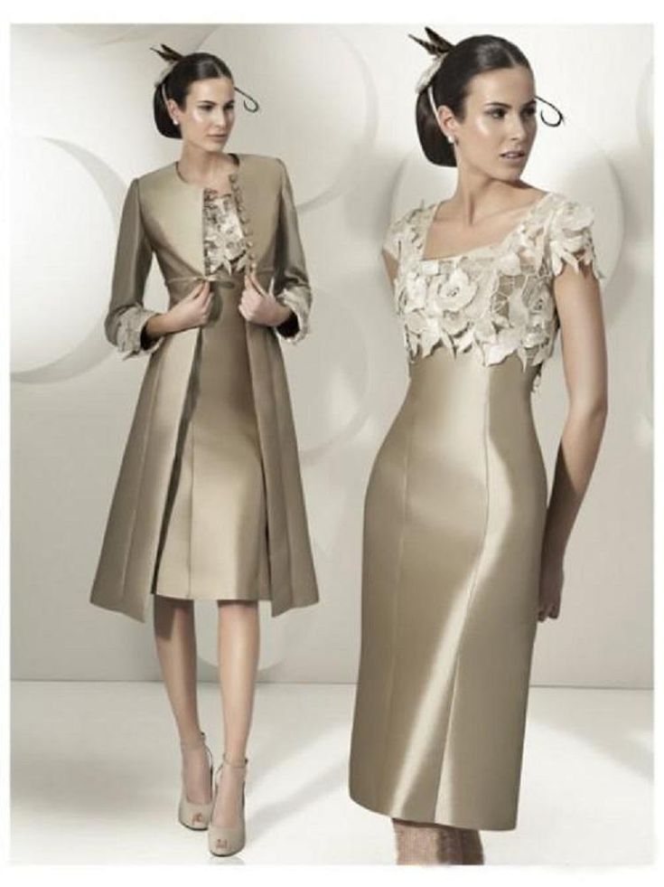 Elegant Knee-length Evening Gown, Elegant A-line Champagne Gown, Champagne A-line Fitted Gown, Elegant Champagne A-line Gown, Fitted A-line Gown For Wedding Guests, Elegant Gown For Mother Of The Bride, Elegant Knee-length Mother Of The Bride Dress, Fitted Beige Gown For Banquet, Knee-length Fitted Gown For Formal Occasions