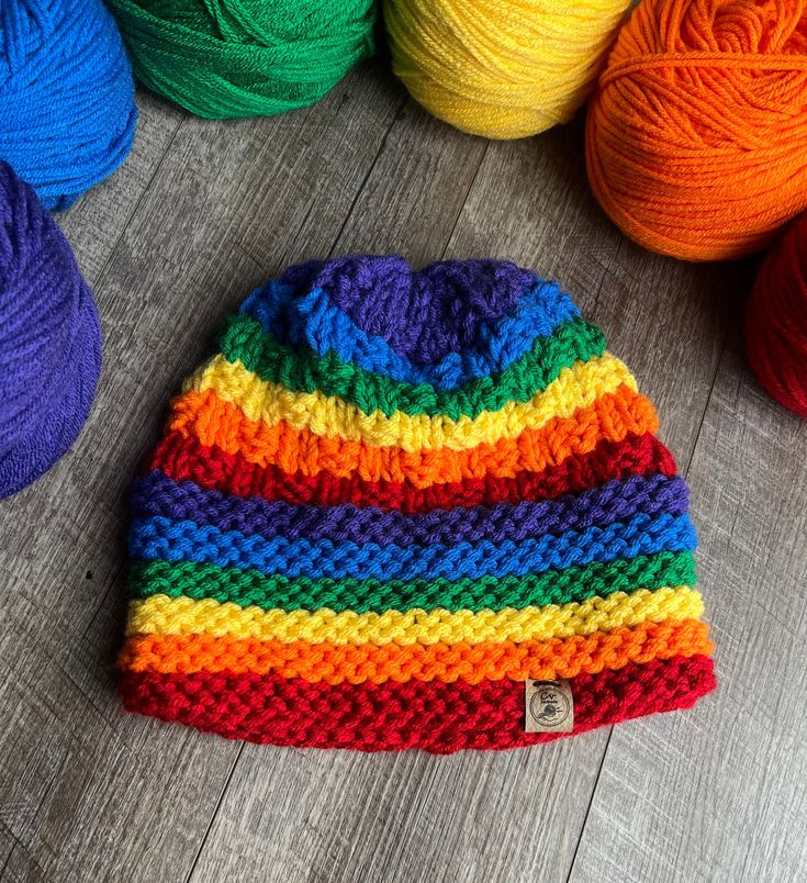 Adult rainbow beanie, knitted beanie Playful Crochet Beanie For Winter, Colorful Casual Beanie Hat, Multicolor Crochet Beanie Hat, One Size Fits Most, Multicolor Beanie Cap For Winter, Multicolor Beanie Hat For Winter, Multicolor Acrylic Yarn Beanie, One Size Fits Most, Multicolor Acrylic Beanie, One Size Fits Most, Multicolor Winter Beanie Cap, Multicolor Acrylic Yarn Beanie, One Size