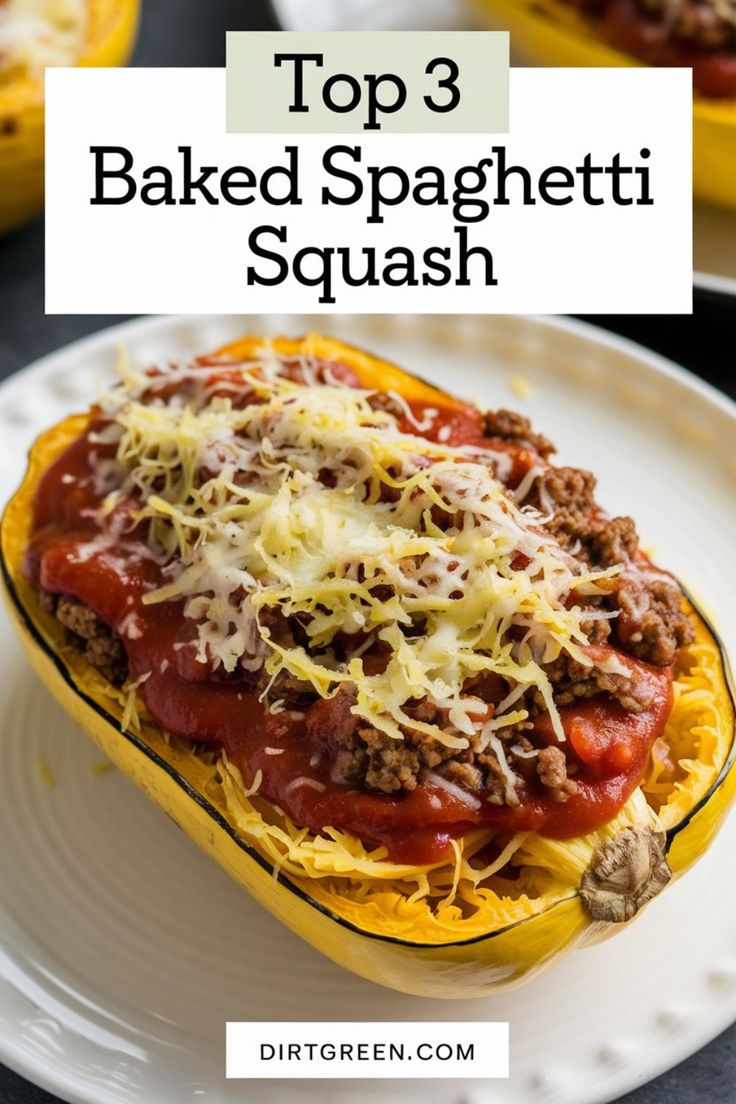 top 3 baked spaghetti squash on a white plate