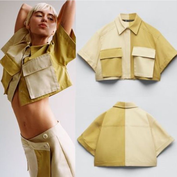 Never Worn. Cropped, Snaps With Placket Color Blocked Top. Yellow Blouse With Pockets For Summer, Yellow Summer Blouse With Pockets, Yellow Blouse With Pockets, Chic Patchwork Tops For Summer, Chic Summer Patchwork Tops, Beige Patchwork Tops For Summer, Summer Patchwork Tops For Workwear, Summer Workwear Tops With Patchwork, Trendy Yellow Color Block Tops