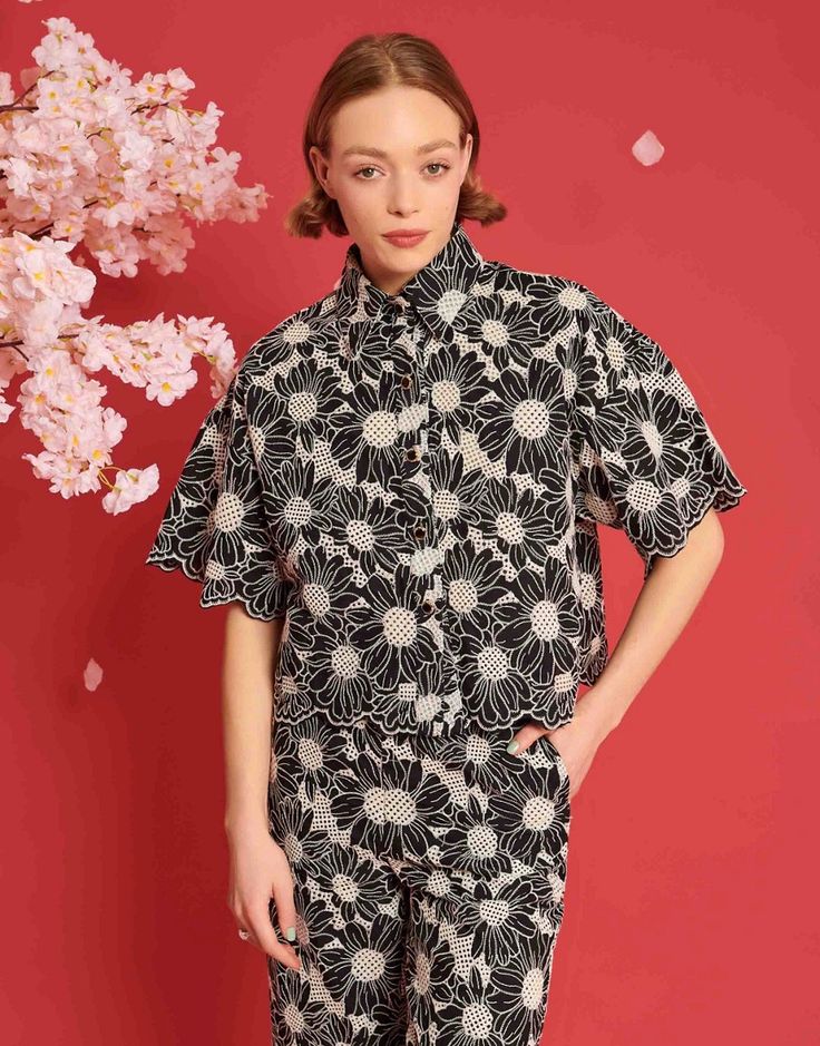 Tops by sister jane Part of a co-ord set Trousers sold separately Floral design Spread collar Button placket Short sleeves Boxy fit Dream Flower, Boxy Shirt, Sister Jane, Scallop Edge, Hoodies For Sale, Elbow Length Sleeve, Plus Size Pregnancy, Blouse Black, Embroidered Shirt