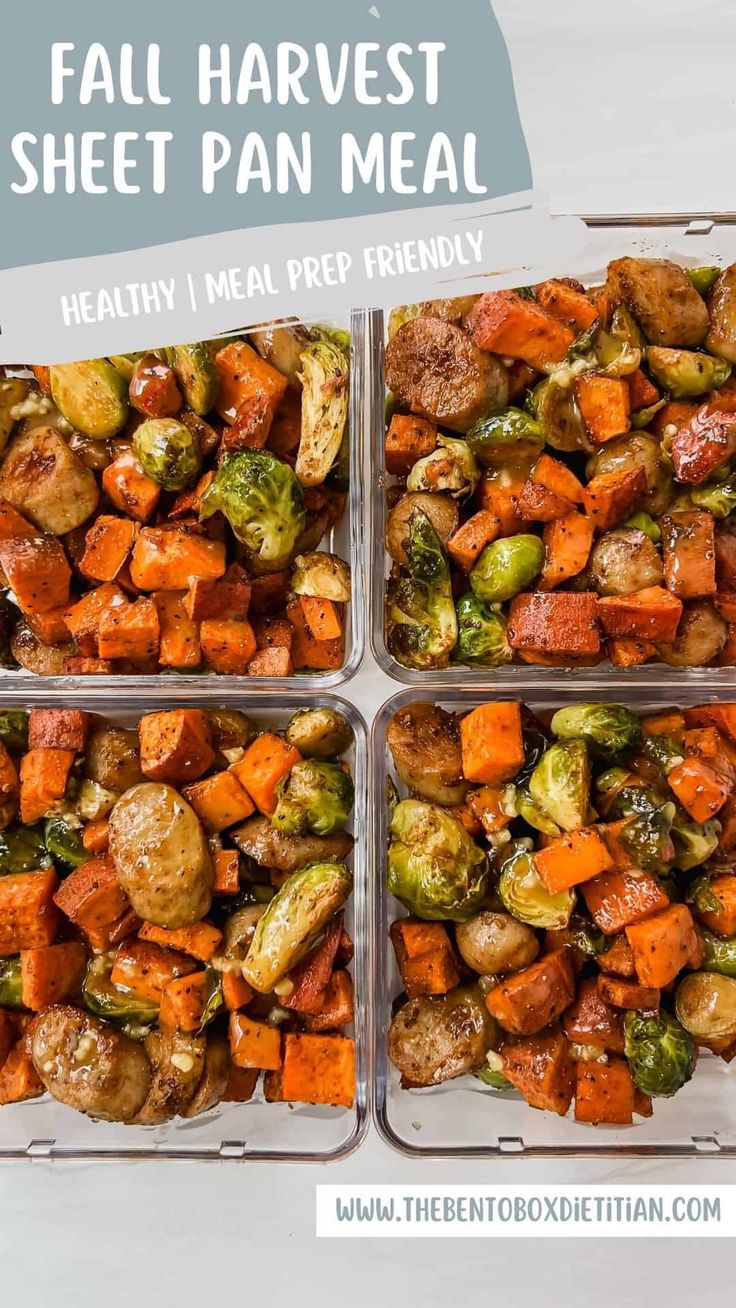 four glass containers filled with different types of vegetables and the words, fall harvest sheet pan meal