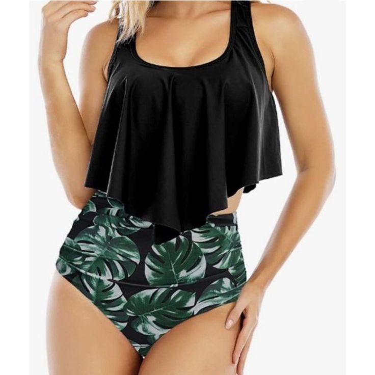 Nwt Eomenie Flounce High Waist Bikini Set Color: Black/Green Leaf Print Size: Small Solid Black Top/Black & Green Leaf Printed Bottom Removable Padded Bra, Offers Great Support; Adjustable Dual Shoulder Straps Adorable Crop Flounce Bikini Top: Irregular Ruffled Layer Crop Bikini, Covers The Belly, Offers A Flowy Look For A Slimmer Appearance High Waist Swim Bottom: Ruched At The Front Moderate Cut Bottom Polyester/Spandex; Lined Measurements: Bust: 35-36" Waist: 26-27" Hips: 36.5-37.5" Bra Cup: Black Tropical Swimwear For Poolside, Tropical Black Swimwear For Poolside, Black High-waist Swimwear For Summer, High Waist Black Swimwear For Summer, Black High Waist Swimwear For Summer, Black Summer Tankini For Pool, Black Tropical Swimwear For Beach Season, Black Tropical Swimwear, Tropical Black Swimwear For Swimming