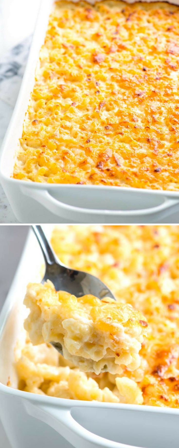 two pictures of a casserole dish with broccoli and cheese