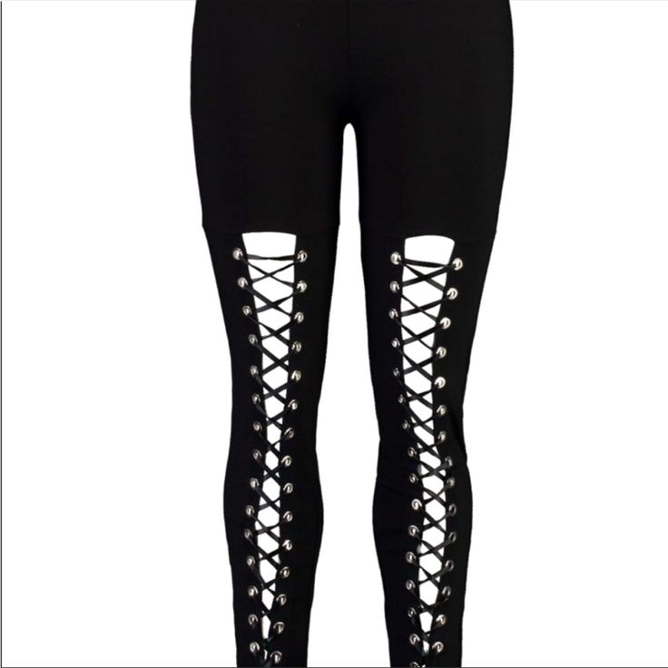 Quality No Show Leggings By Boohoo! Black Lace Up Leggings. Purple Joggers, Matching Pants Set, Lace Up Leggings, Striped Two Piece, Black Capris, Wide Leg Sweatpants, Leather Pant, Ruffle Romper, Plaid Pants