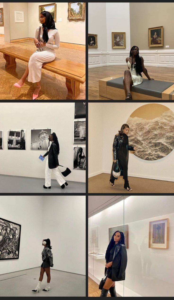 Collage of Black Women dressed up in museums Baddie Museum Outfit, Art Museum Aesthetic Poses, Museum Night Outfit, Museum Birthday Photoshoot, Art Museum Photo Shoot, Art Gallery Inspo Pics, Museum Aesthetic Black Women, Museum Pose Ideas Aesthetic, The Getty Museum Outfit