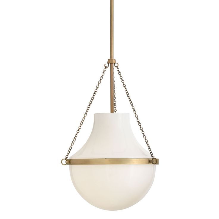 a white and gold light hanging from a ceiling fixture with chain around the bottom part