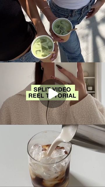 two people standing next to each other with drinks in their hands and the words split video reel oral above them