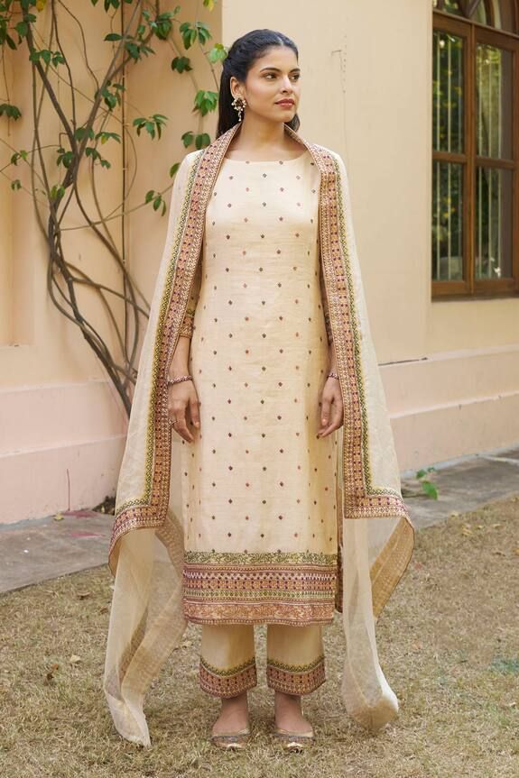 Cream kurta with multicolor thread embroidery in bloom pattern. Paired with border embroidered pant and dupatta. - Aza Fashions Embroidered Pants, Kurta With Pants, Thread Embroidery, Pants Pattern, Set For Women, Embroidery Thread, Aza Fashion, Three Quarter, Fashion Inspo Outfits