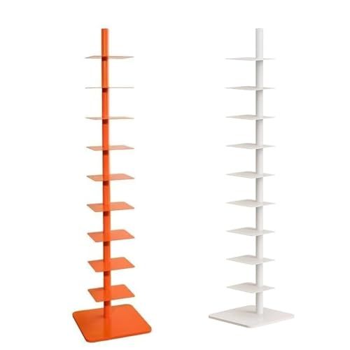 two white and orange shelvings are standing next to each other