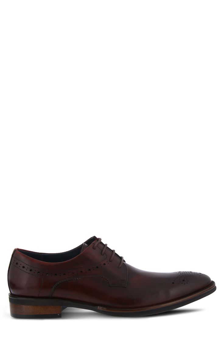 Brogue perforations bring handsome style to a genuine leather derby outfitted with waxed cotton laces and a comfortable padded footbed. Leather upper and lining/synthetic sole Imported Business Lace-up Shoes With Round Toe And Perforations, Leather Oxfords With Perforated Toe Box For Business, Leather Dress Shoes With Perforated Toe For Business, Business Leather Lace-up Shoes With Perforations, Business Dress Shoes With Perforated Toe Box In Leather, Business Dress Shoes With Perforated Toe Box, Business Oxfords With Perforations And Round Toe, Brown Leather Lace-up Shoes With Perforations, Leather Oxfords With Perforations For Business