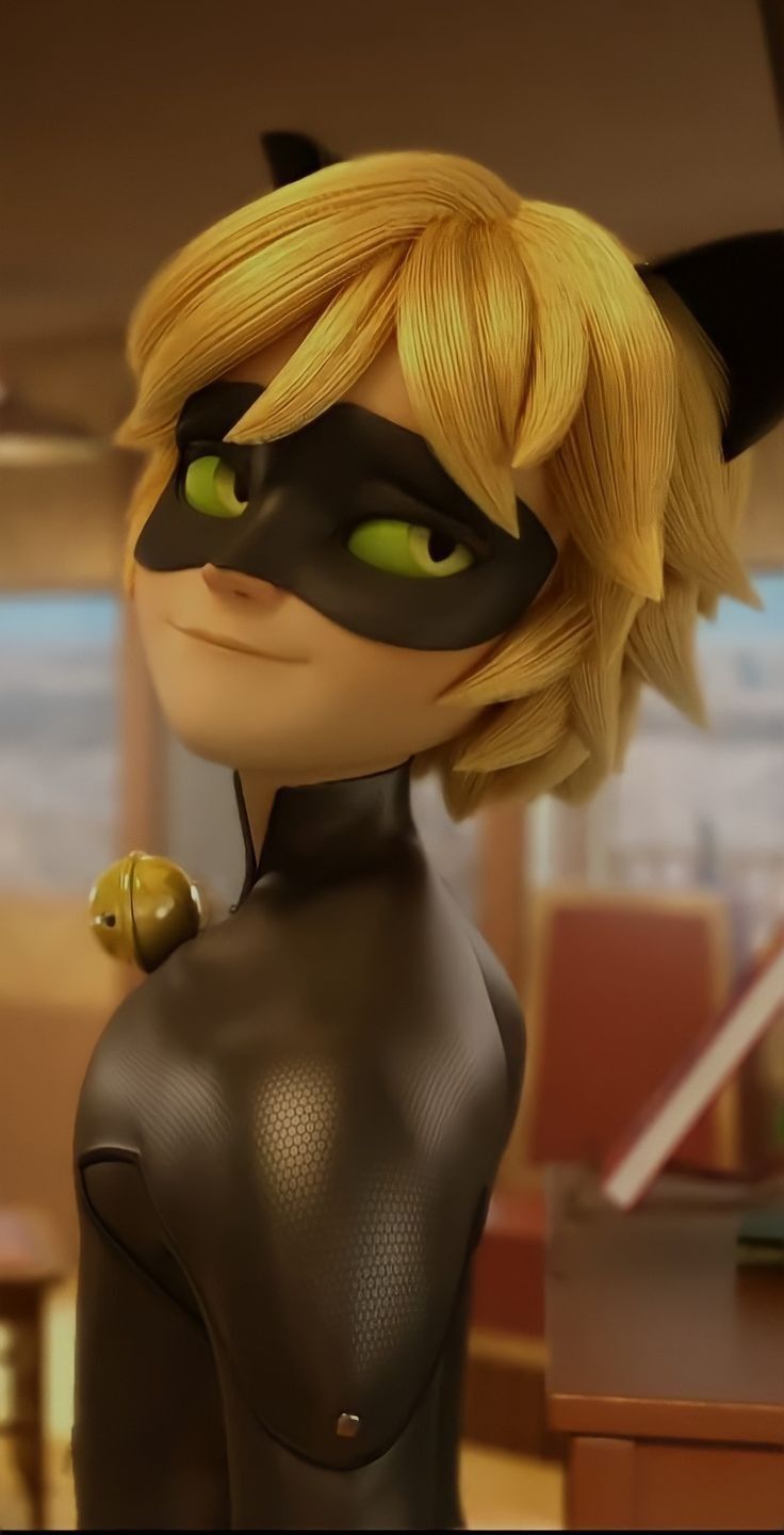 the animated character is dressed in black and has yellow hair, green eyes and horns