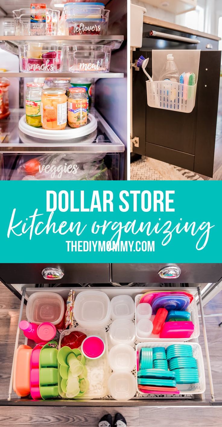 the dollar store kitchen organizing is organized with plastic cups and containers in an open drawer