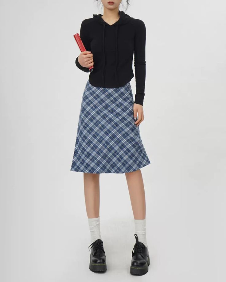 This blue midi skirt features a classic plaid pattern in an A-line silhouette. It has a fitted waistband and falls to the knee, offering a clean, structured look Size:• S: Waist: 64cm/ 25.2 in, Length: 63cm/ 24.8 in• M: Waist: 68cm/ 26.8 in, Length: 64cm/ 25.2 in• L: Waist: 72cm/ 28.3 in, Length: 65cm/ 25.6 inMaterial: Polyester Plaid Skirt Knee Length, Navy Blue Skirt Outfits, Blue Plaid Skirt Outfit, Plaid Skirt Outfit Aesthetic, Knee Length Skirt Outfit, Knee Length Skirts Outfits, Y2k Outfits Grunge, Aesthetic Clothes Y2k, Blue Skirt Outfits