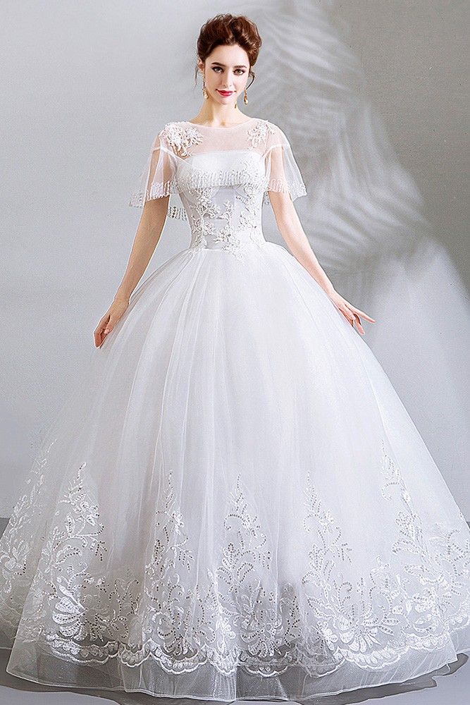 Buy Special Lace Trim White Ball Gown Wedding Dress With Sheer Neckline at wholesale price online. Free shipping and pro custom service since 2009. White Tulle Gown For Banquet, Wedding Full-length Tulle Gown, Bridal Ball Gown Dresses With Sweep Train, Full-length Tulle Wedding Dress, Ball Gown Wedding Dress With Sweep Train, Full Length Tulle Wedding Dress, White Floor-length Wedding Dress With Sweep Train, Ceremony Gown With Sweep Train In Tulle, Ceremonial Tulle Gown With Sweep Train