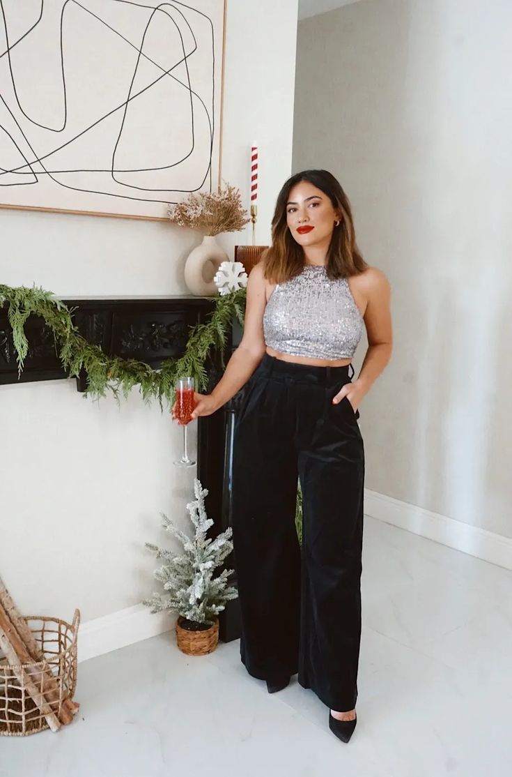 Glitter Crop Top Outfits, Sequin Outfit Party, Party Trouser Outfit, Nye Pants Outfits, Nye Sequin Outfit, Silver Crop Top Outfit, How To Style Sequin Top, Mid Size Nye Outfit, Trouser Party Outfit