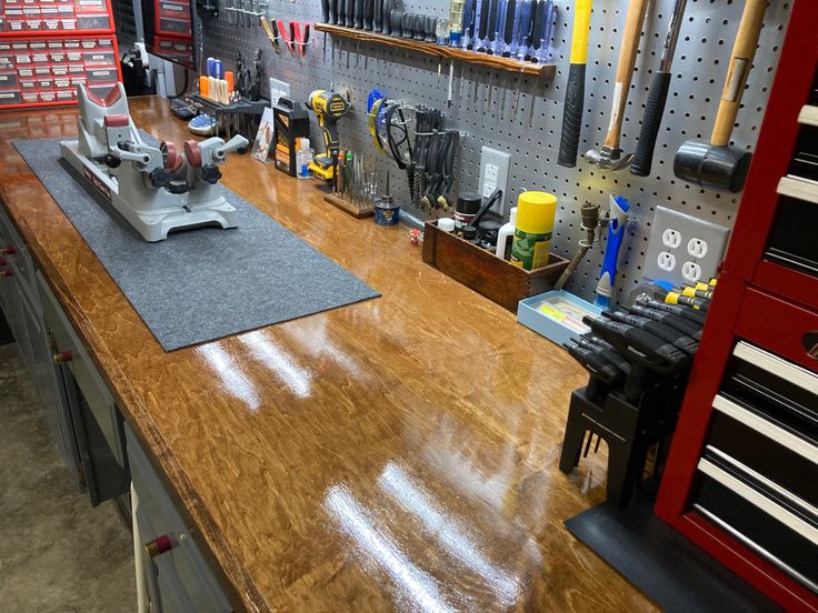 a workbench with many tools on it