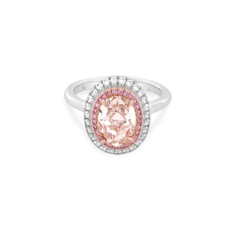 White 18k gold setting with double halo Oval-cut VVS fancy pink diamond, carat weight 2.10 Round-cut fancy pink diamonds, carat total weight .15 Round-cut brilliant diamonds, carat total weight .20 Formal Pink Cluster Ring With Brilliant Cut, Pink Diamond Ring With Halo Setting For Formal Events, Pink Diamond Ring With Halo Setting For Formal Occasions, Luxury Pink Oval Diamond Ring, Luxury Pink Oval Cluster Ring, Formal Pink Diamond Cluster Ring, Gia Certified Oval Pink Diamond Ring, Oval Pink Gia Certified Diamond Ring, Pink Gia Certified Diamond Ring For Formal Occasions