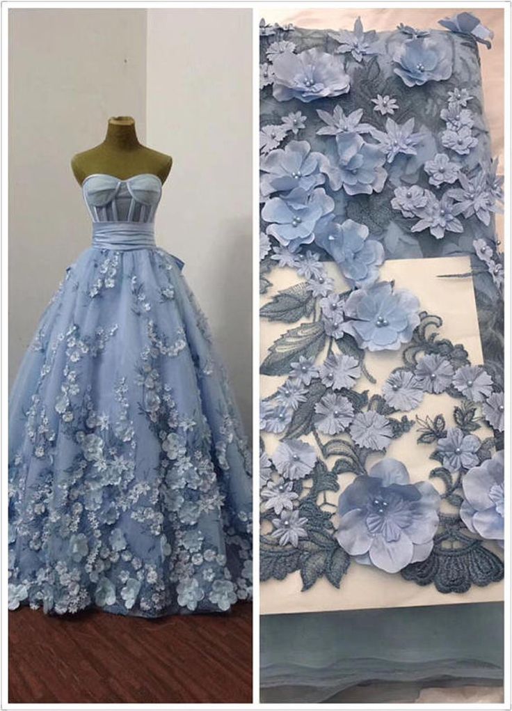 Beaded Lace Fabric, Bridal Lace Fabric, Light Blue Flowers, Embroidered Lace Fabric, Blue Bridal, فستان سهرة, Pretty Prom Dresses, Fairytale Dress, Prom Dresses Ball Gown