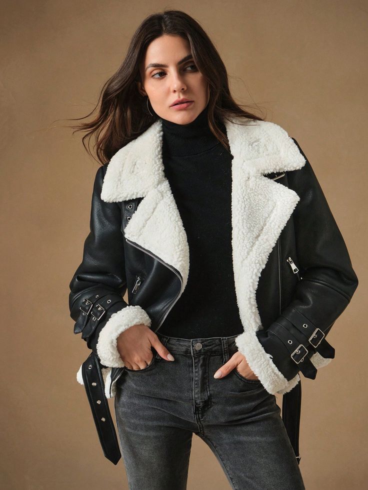 Women's Fluffy Lined Color Block Long Sleeve PU Jacket For Winter Black Casual  Long Sleeve Wool-Like Fabric Colorblock Biker Non-Stretch  Women Clothing, size features are:Bust: ,Length: ,Sleeve Length: Cold Weather Leather Jacket With Faux Fur Trim, Winter Leather Jacket With Faux Fur Lining, Trendy Winter Biker Jacket For Cold Weather, Trendy Leather Jacket For Winter, Chic Winter Biker Jacket For Cold Weather, Chic Long Sleeve Biker Jacket For Winter, Chic Winter Biker Jacket, Chic White Leather Jacket For Winter, Chic Long Sleeve Leather Jacket For Winter