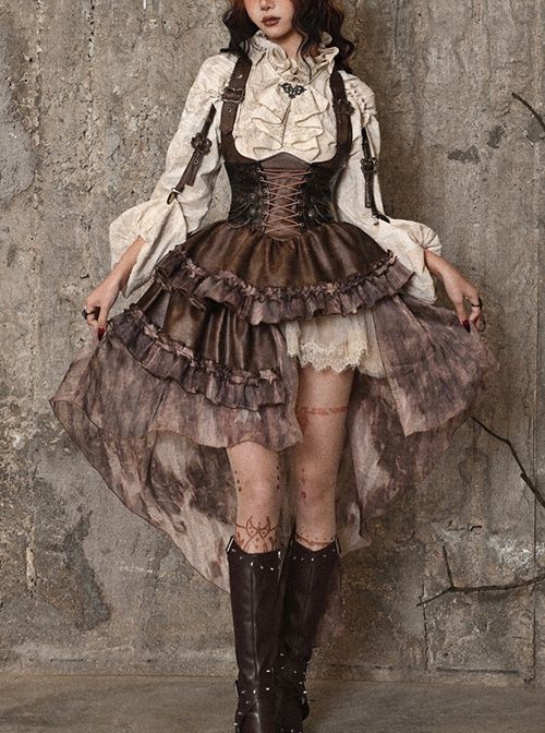 Buy Exile Journey Series Steampunk Asymmetrical PU Maillard Brown Lace Mesh Large Hem Bust Strap Sleeveless Dress JSK on Lolitain.com. Choose your perfect classic lolita dress, gothic lolita dress, and more. Regular discounts up to 50% off. Japanese Punk, Brown Corset, Punk Dress, Office Dresses For Women, Medieval Dress, Punk Outfits, Hem Skirt, Layered Skirt, Long Sleeve Shirt Dress