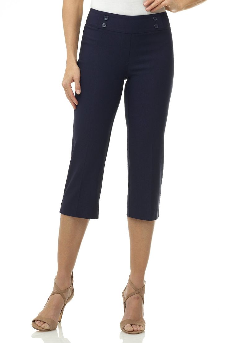 Do you sometimes wish you could enjoy the summers in a casual look, but think it may not be dressy enough for the office? These dressy straight leg capris are made just for you. They are roomy and comfortable enough to feel the soft breezes, and elegant enough to pair up with all your formal tops. Their chic details such as the pressed leg and nautical-inspired buttons add flair to your outfits, making them a summer must-have. Contoured waistband and back darts for perfect fit Tonal buttons at t Stretch Cropped Leg Capris For Workwear, Stretch Workwear Capris With Cropped Leg, Stretch Straight Capris For Work, Stretch Cropped Leg Capris For Business Casual, Stretch Knee-length Summer Pants, Stretch Capris For Business Casual, Knee-length Pull-on Summer Bottoms, Summer Knee-length Pull-on Bottoms, Pull-on Capris For Workwear