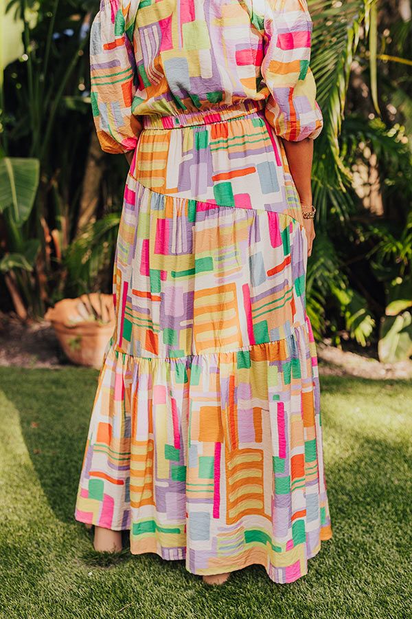 - Spread some sunshine in this vibrant skirt! - Colorful material with a geometric print - A built-in partial lining that ends knee length - An elastic waistline - A flowy silhouette that ends in a maxi length hemline Geometric Print, Maxi Skirt, Knee Length, Built In, Elastic, Skirt, Color