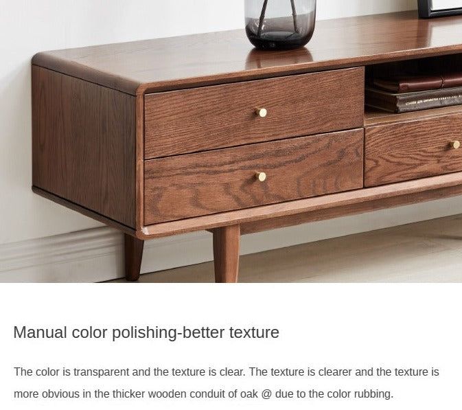 a wooden table with two drawers and a vase on top that says manual color polishing - better texture