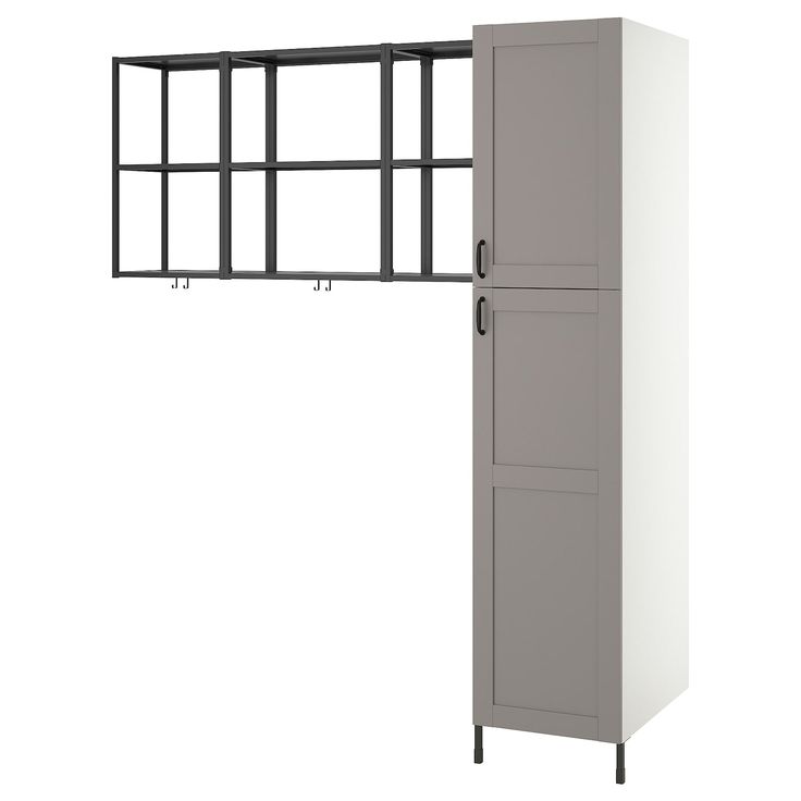 a tall cabinet with two doors and three hooks on the wall, in front of a white background